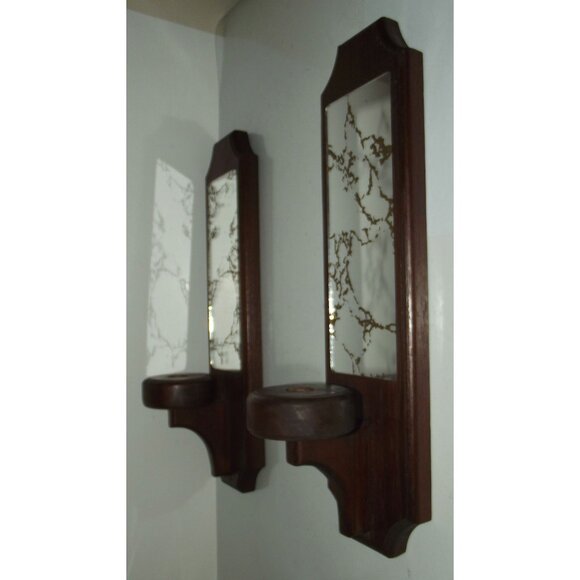 Wood Sconce (lot of 2) mirror crackled gold MCM candle votive holder 15" vintage - Picture 3 of 12
